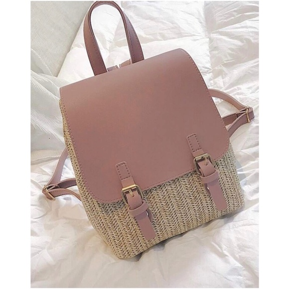 Boho Vegan Leather Straw Mini Backpack - Picture 2 of 9